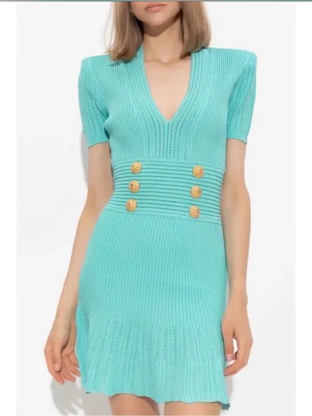 BALMAIN Buttoned Embellished Knitted Mini Dress